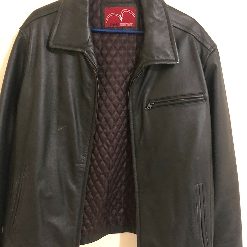 Levi’s black leather jacket, Men’s Large.